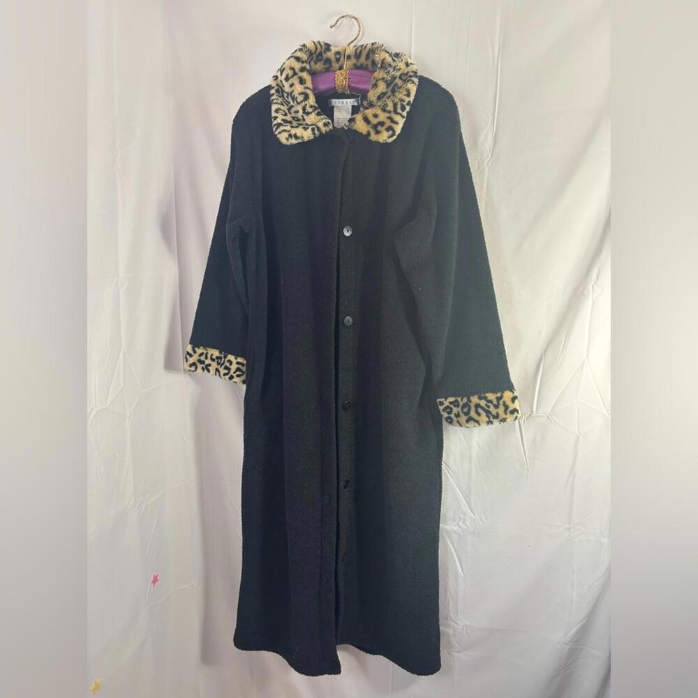VTG Oversized Black Fuzzy Faux Leopard Fur Button Up Duster Women’s Size M